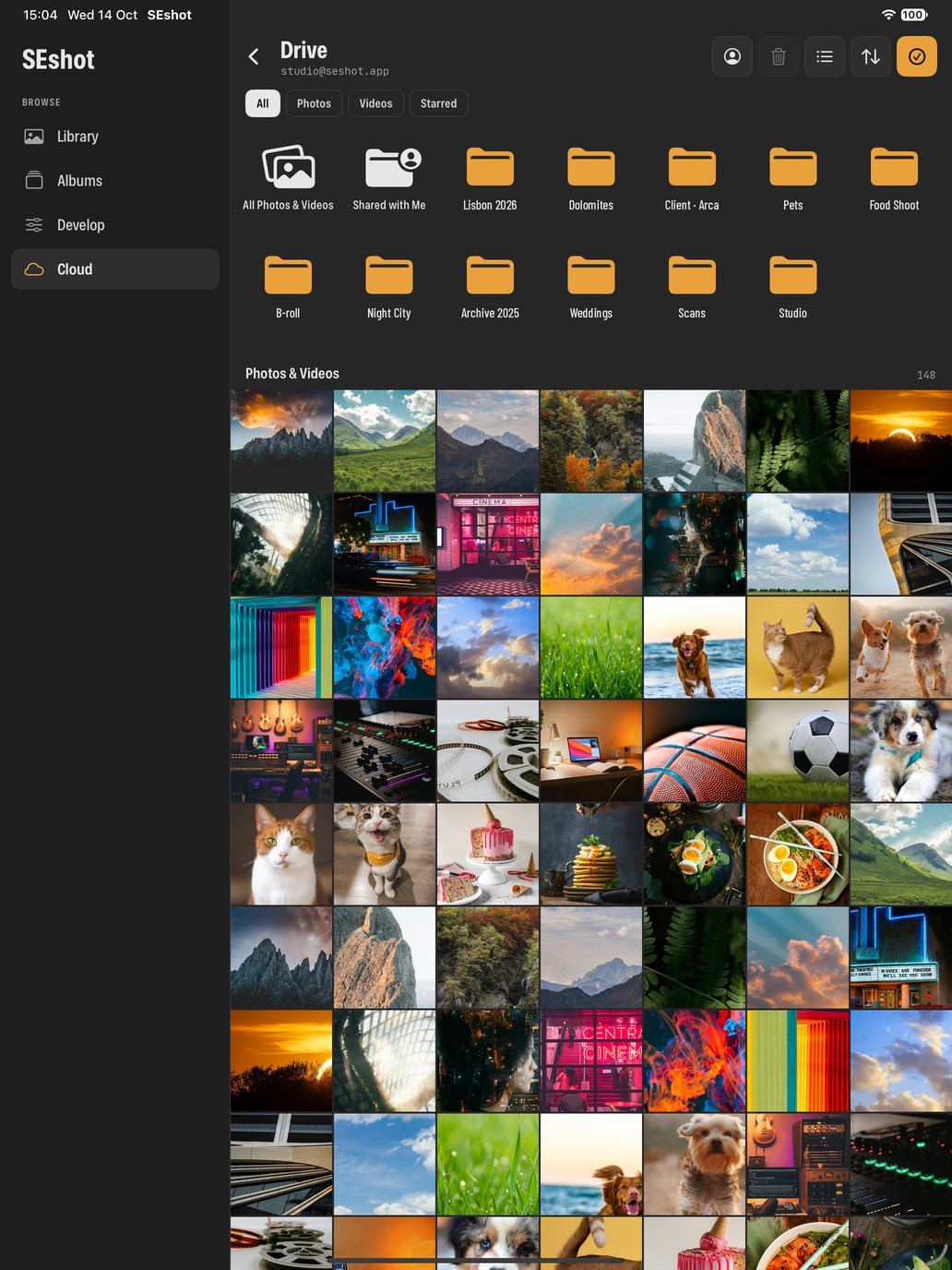 SEshot on iPad browsing a Google Drive folder with a sidebar and a large photo grid